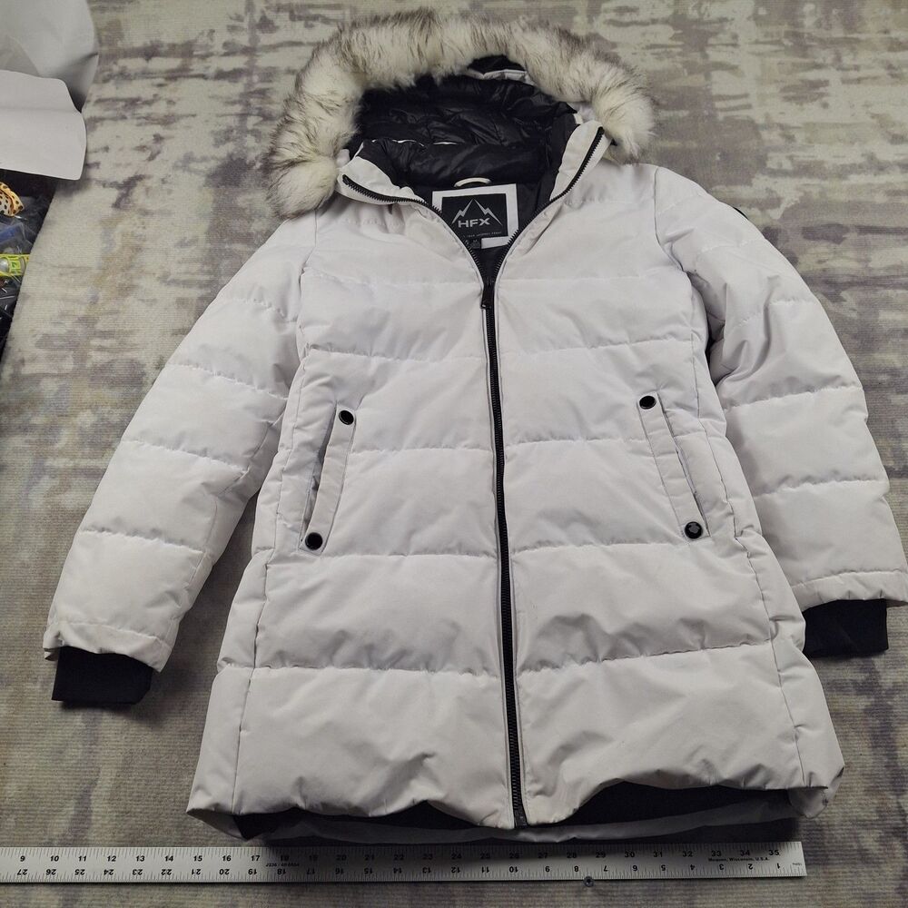 HFX Halifax Women’s Heavy Winter Parka Coat Faux Fur Hood White Medium M